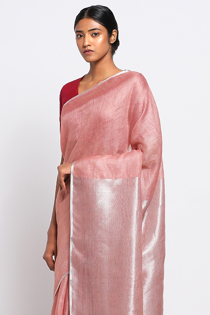 Pink Pure Linen Festive Saree by Via East at Pernia's Pop Up Shop