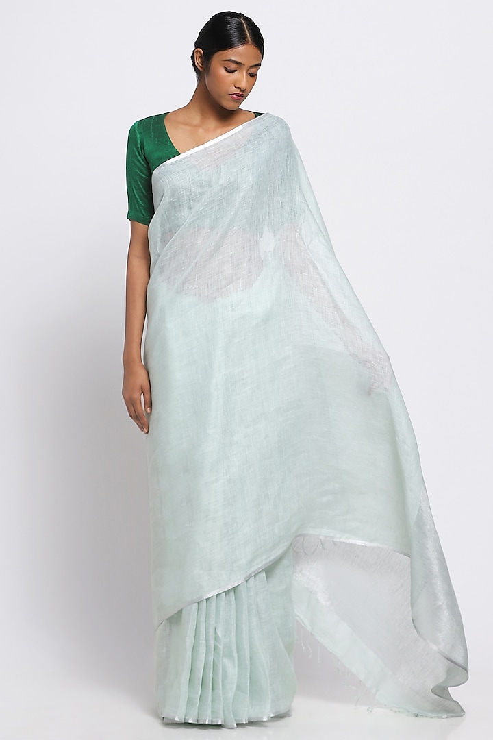 Sage Green Pure Linen Saree by Via East