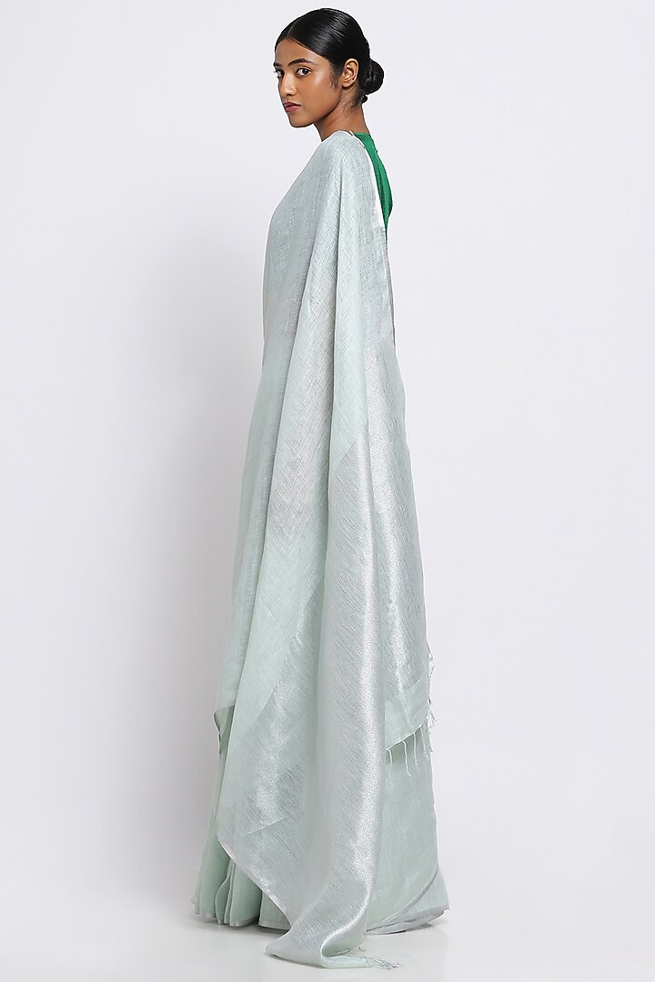Sage Green Pure Linen Festive Saree by Via East at Pernia's Pop Up Shop