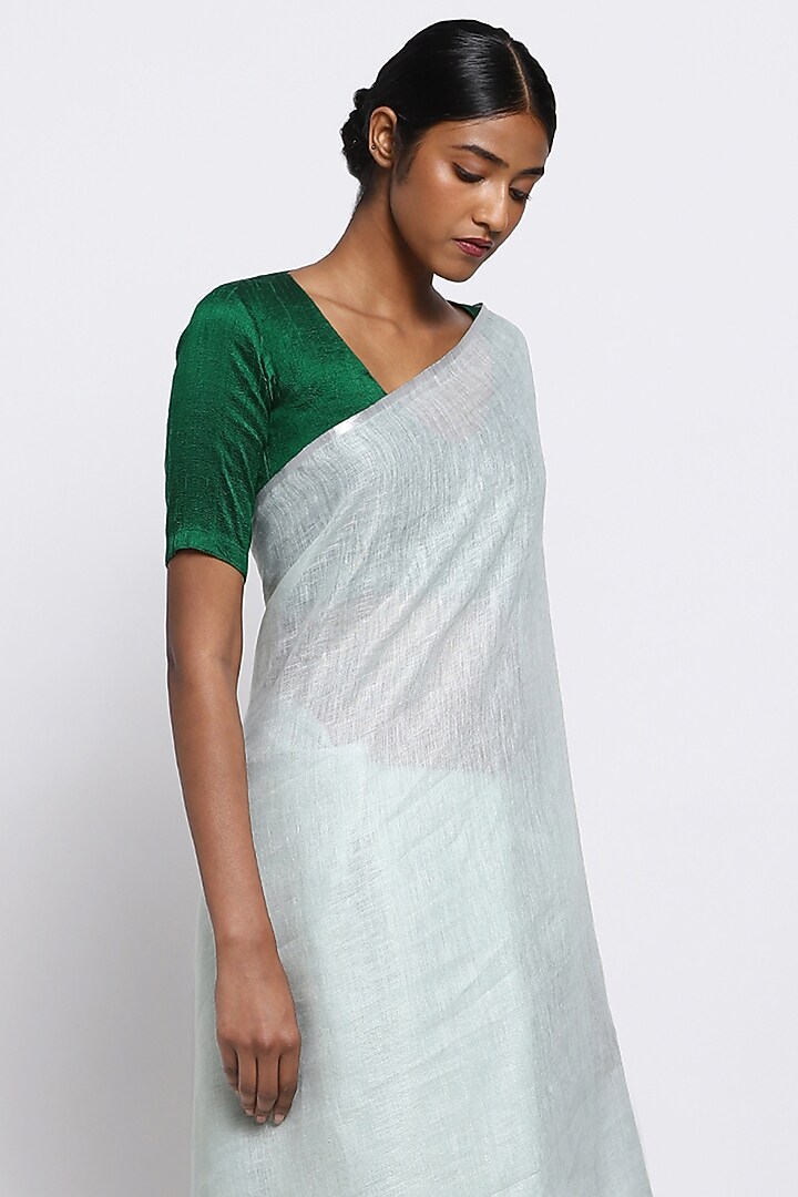 Sage Green Pure Linen Festive Saree by Via East at Pernia's Pop Up Shop