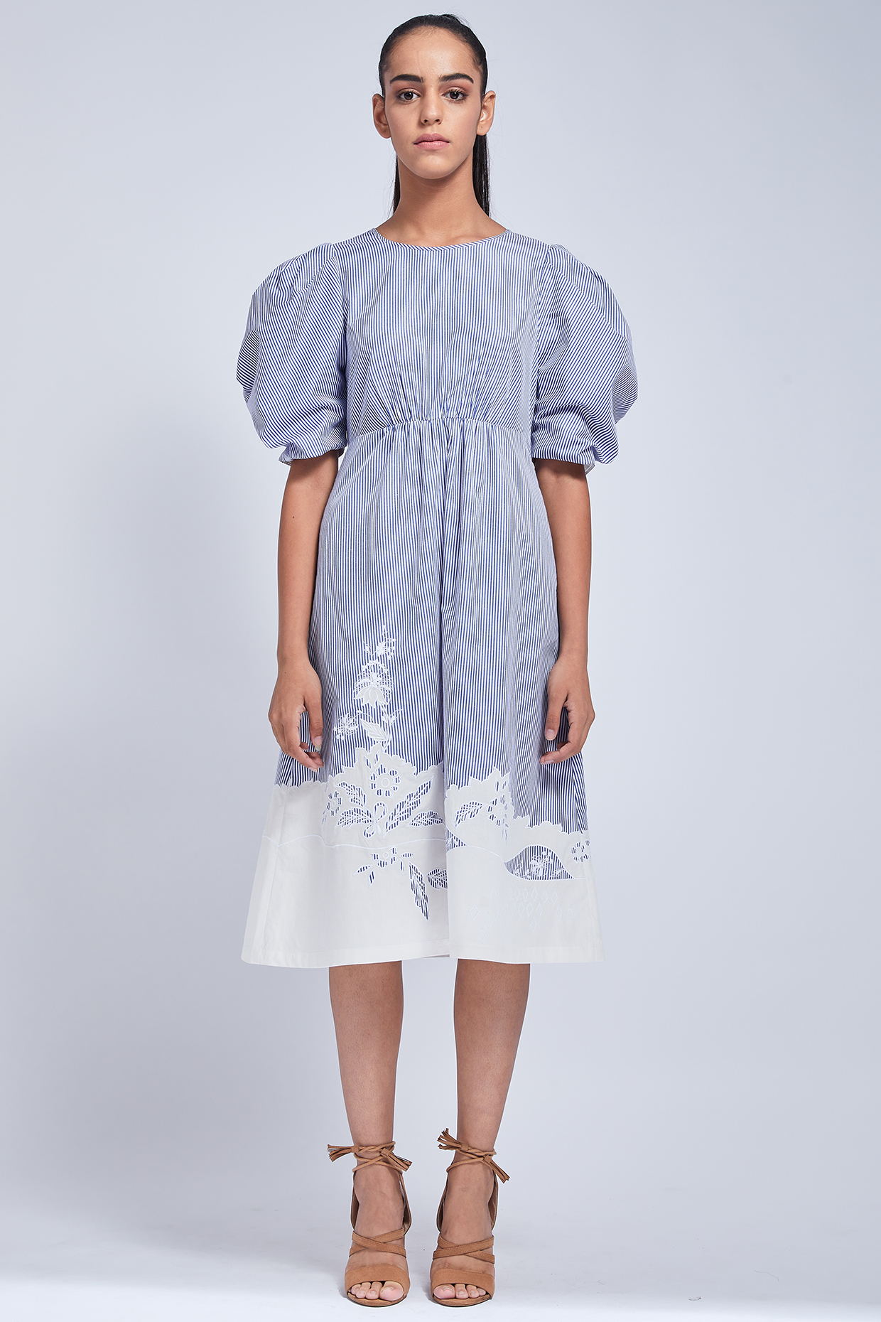 Blue & White Embroidered Gathered Vacation Dress by VIAM at Pernia's Pop Up Shop