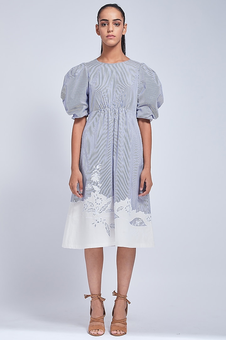 Blue & White Embroidered Gathered Dress by VIAM