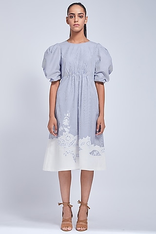 Blue & White Embroidered Gathered Dress by VIAM
