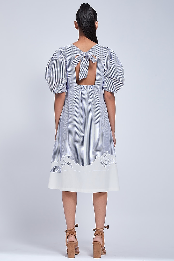 Blue & White Embroidered Gathered Vacation Dress by VIAM at Pernia's Pop Up Shop