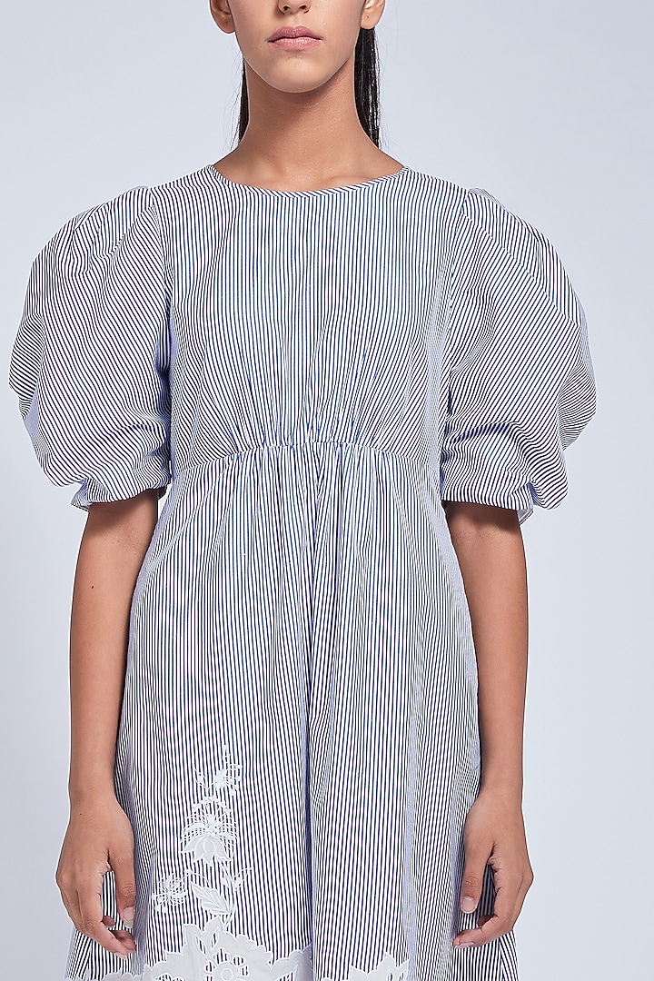 Blue & White Embroidered Gathered Vacation Dress by VIAM at Pernia's Pop Up Shop
