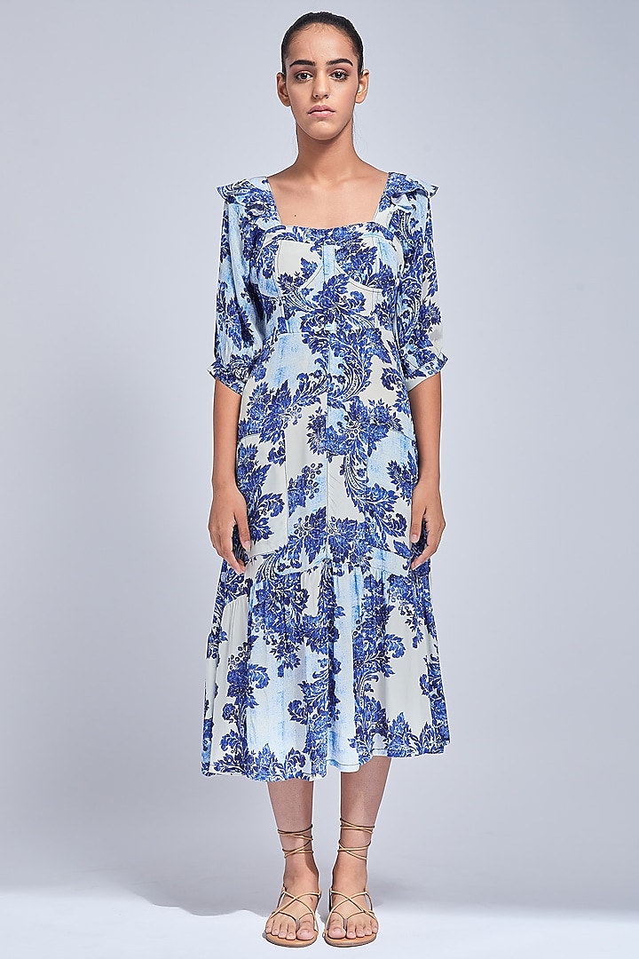 Blue & White Block Printed Gathered Dress by VIAM