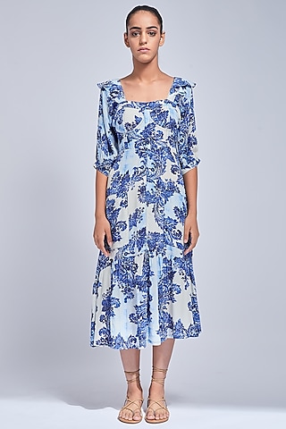 Blue & White Block Printed Gathered Dress by VIAM