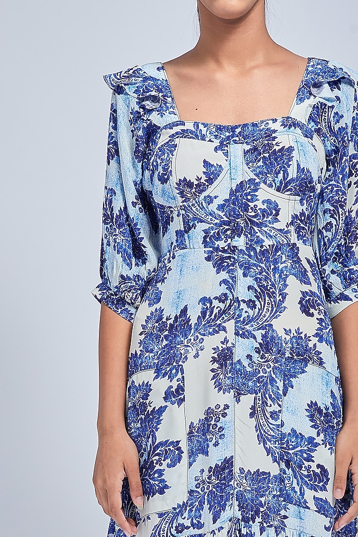 Blue & White Block Printed Gathered Vacation Dress by VIAM at Pernia's Pop Up Shop