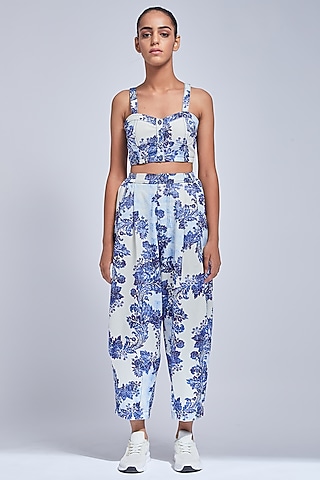 Blue & White Block printed Crop Top by VIAM