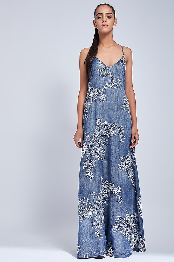 Indigo Blue Hand Embroidered Strap Vacation Dress by VIAM at Pernia's Pop Up Shop