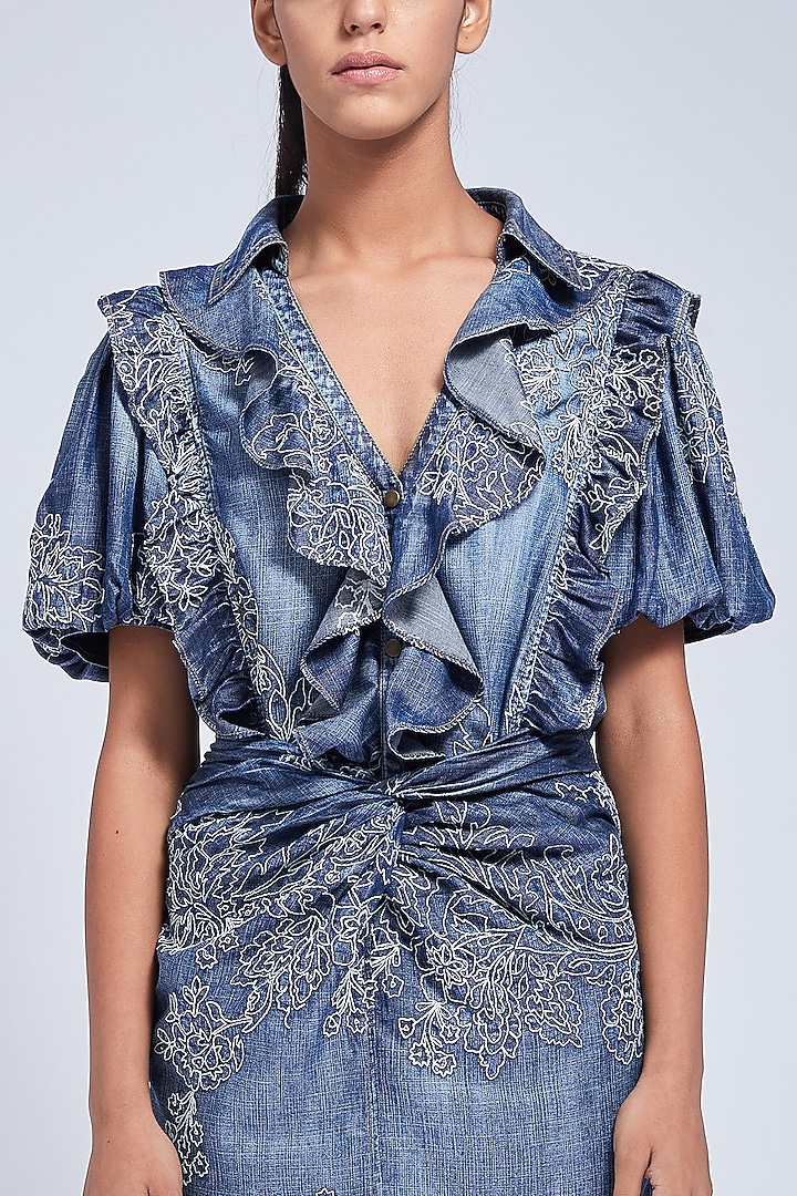 Indigo Blue Hand Embroidered Top by VIAM at Pernia's Pop Up Shop