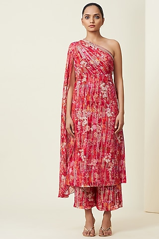 Red Metallic Silk Georgette One-Shoulder Kurta Set by VIAM