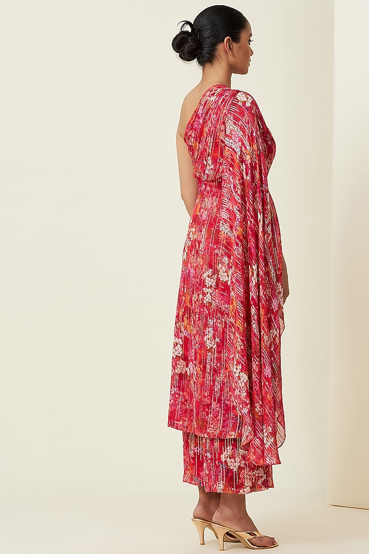 Red Metallic Silk Georgette One-Shoulder Kurta Set by VIAM at Pernia's Pop Up Shop