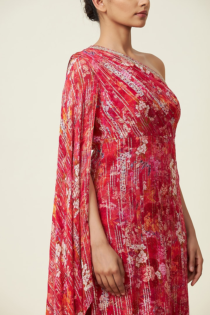 Red Metallic Silk Georgette One-Shoulder Kurta Set by VIAM at Pernia's Pop Up Shop