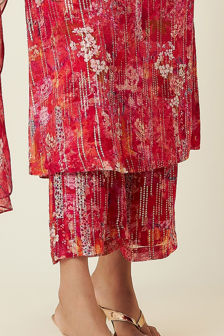 Red Metallic Silk Georgette One-Shoulder Kurta Set by VIAM at Pernia's Pop Up Shop