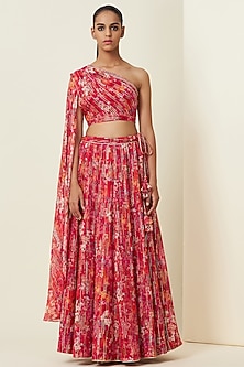 Red Metallic Silk Georgette Lehenga Set by VIAM-VIAM