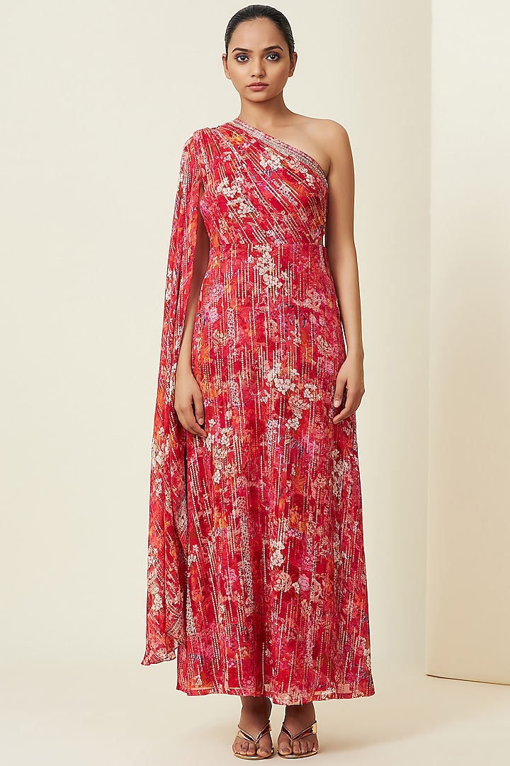 Red Metallic Silk Georgette Saree Gown by VIAM