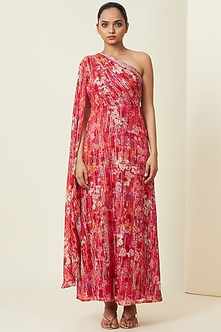 Red Metallic Silk Georgette Saree Gown by VIAM