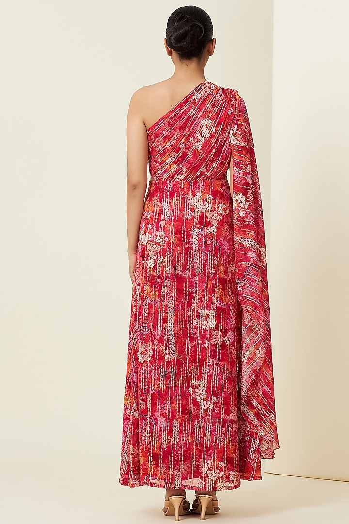 Red Metallic Silk Georgette Saree Party Wear Gown by VIAM at Pernia's Pop Up Shop