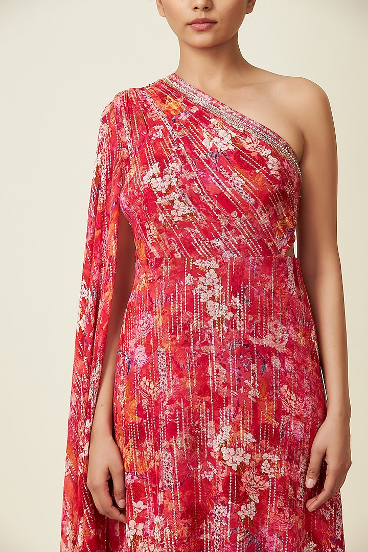Red Metallic Silk Georgette Saree Party Wear Gown by VIAM at Pernia's Pop Up Shop