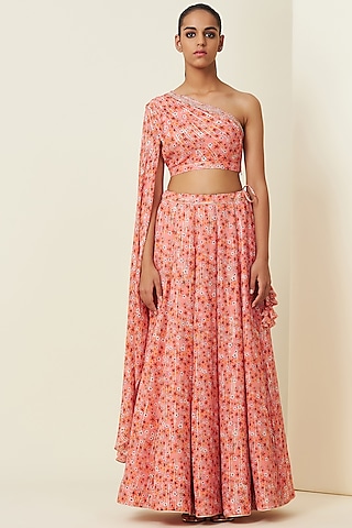 Blush Pink Metallic Silk Georgette Lehenga Set by VIAM