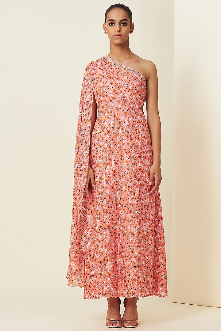 Blush Pink Metallic Silk Georgette Saree Gown by VIAM