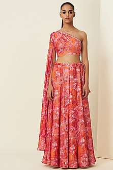 Saffron Red Metallic Silk Georgette Lehenga Set by VIAM-VIAM