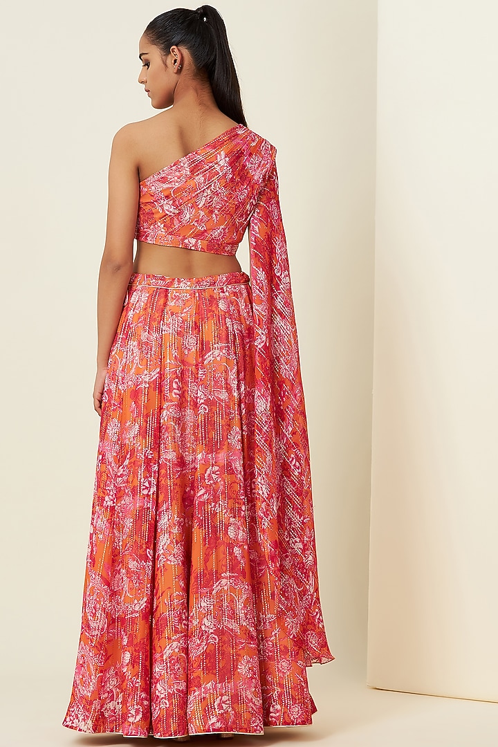 Saffron Red Metallic Silk Georgette Lehenga Set by VIAM at Pernia's Pop Up Shop