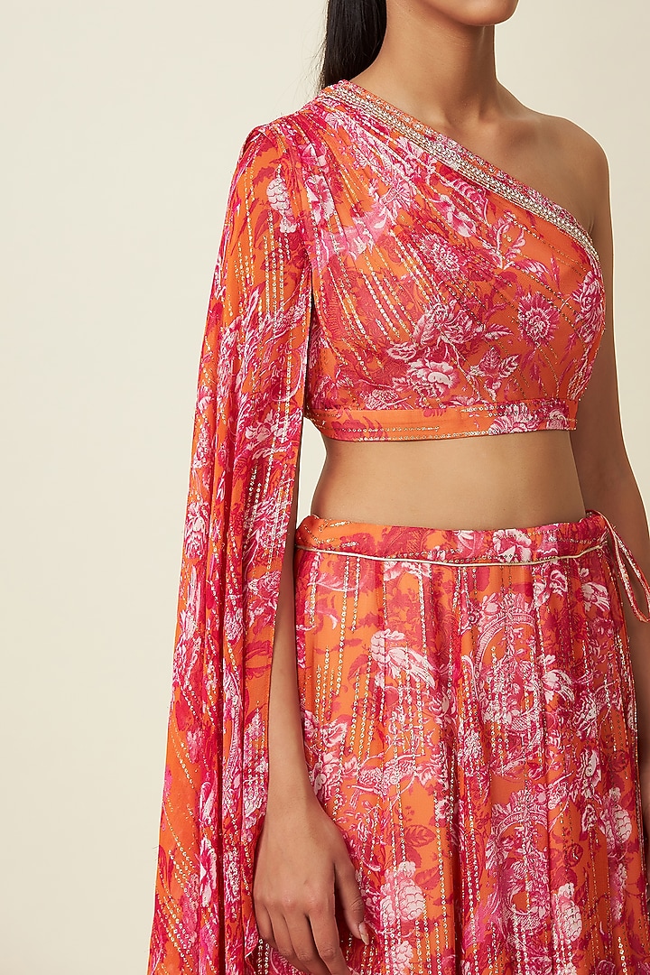 Saffron Red Metallic Silk Georgette Lehenga Set by VIAM at Pernia's Pop Up Shop