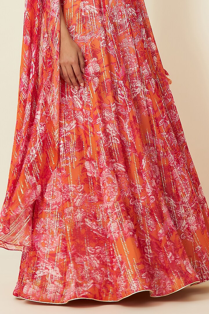 Saffron Red Metallic Silk Georgette Lehenga Set by VIAM at Pernia's Pop Up Shop