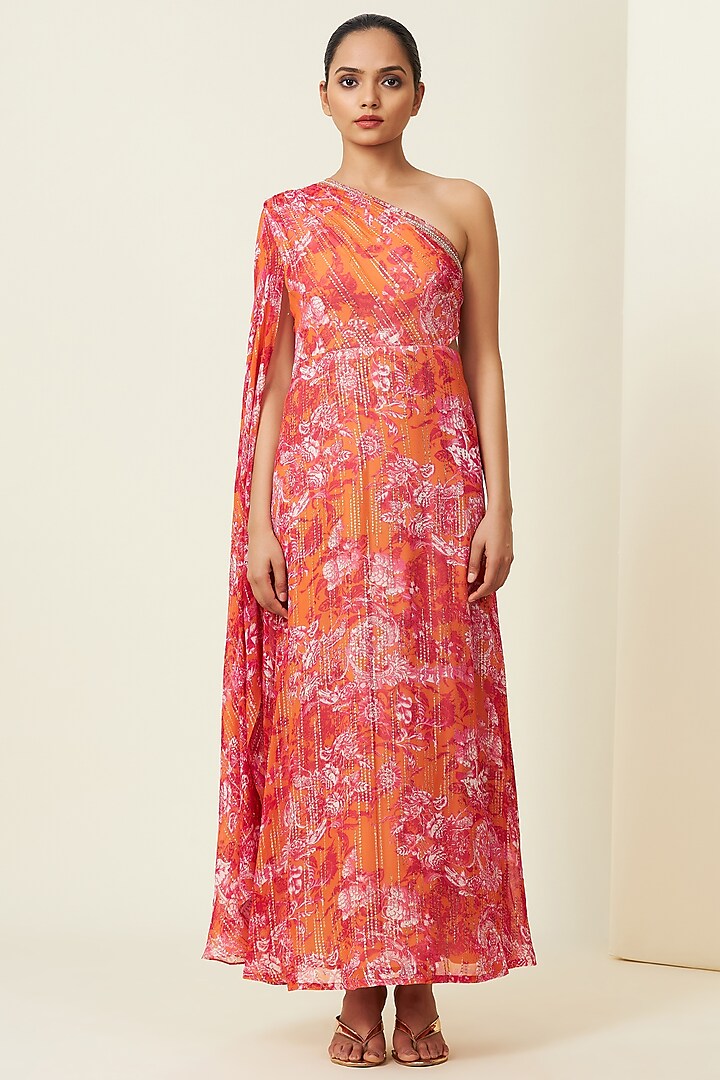 Saffron Red Metallic Silk Georgette Saree Gown by VIAM