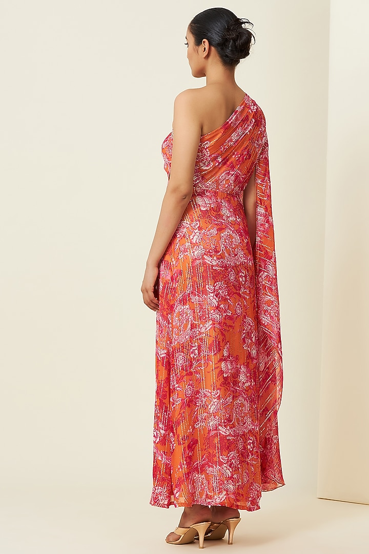 Saffron Red Metallic Silk Georgette Saree Party Wear Gown by VIAM at Pernia's Pop Up Shop