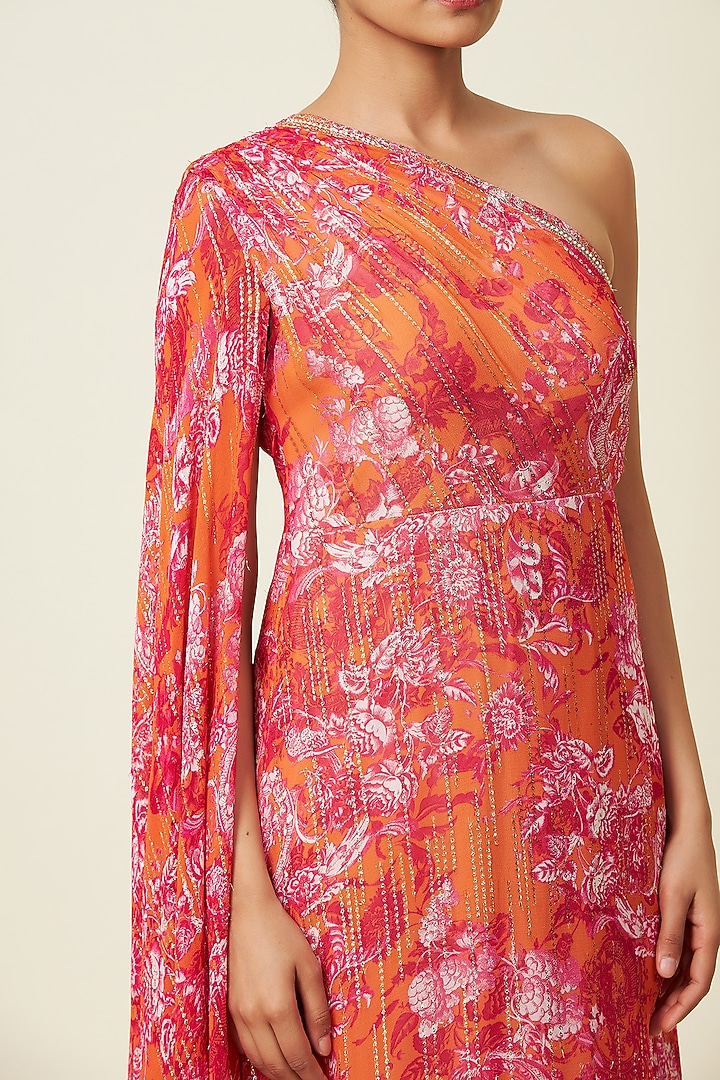 Saffron Red Metallic Silk Georgette Saree Party Wear Gown by VIAM at Pernia's Pop Up Shop