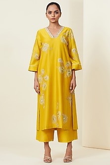 Yellow Hand Embroidered Kurta Set by VIAM-VIAM