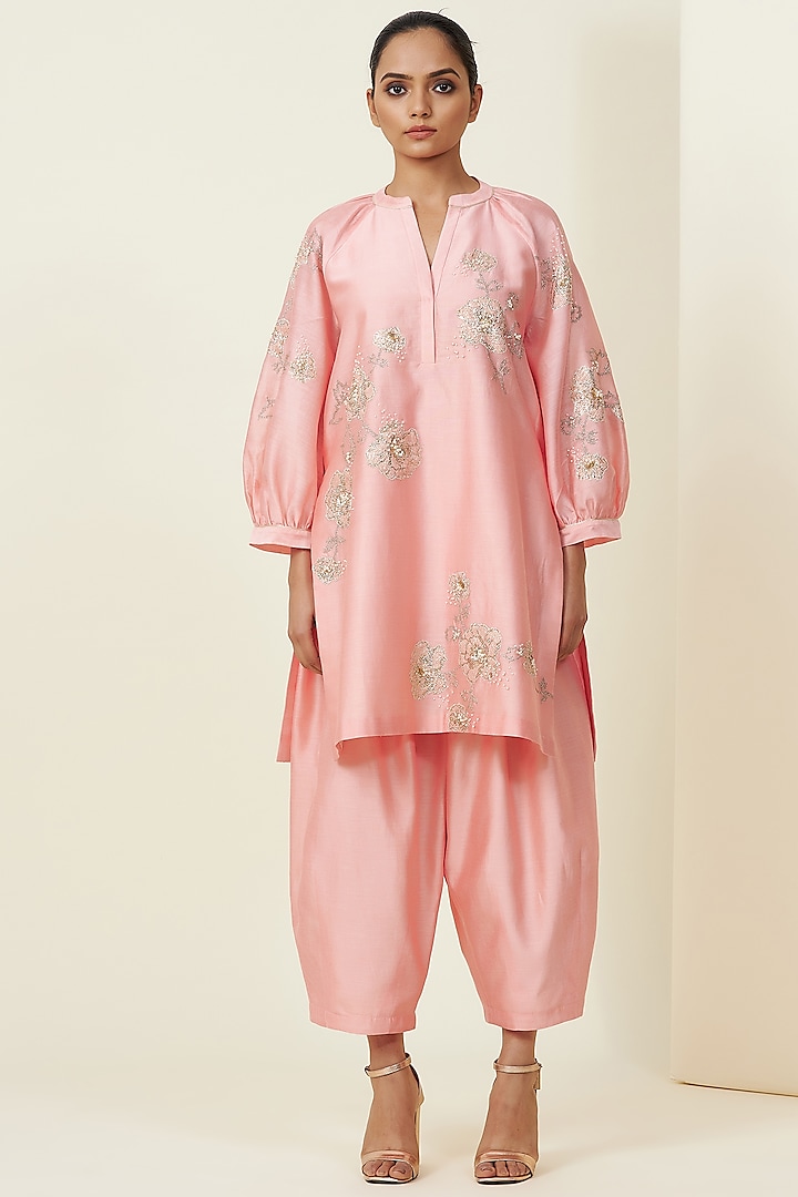 Sunset Pink Hand Embroidered Tunic Set by VIAM at Pernia's Pop Up Shop