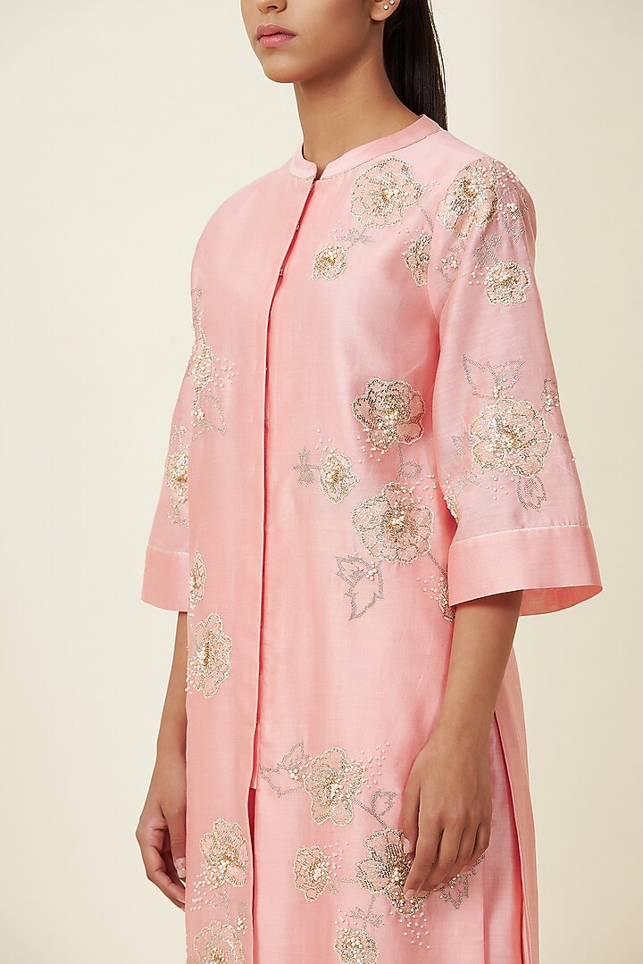 Sunset Pink Hand Embroidered Sherwani Set by VIAM at Pernia's Pop Up Shop