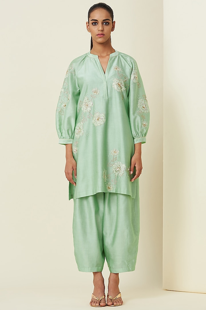 Mint Green Hand Embroidered Tunic Set by VIAM at Pernia's Pop Up Shop