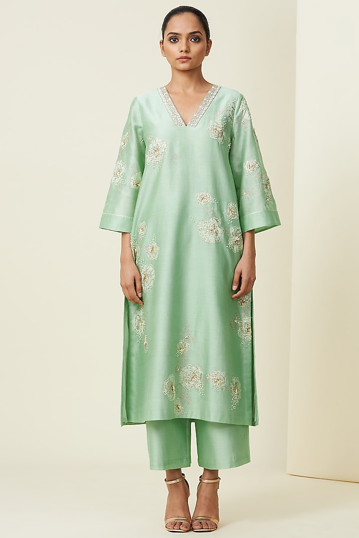 Mint Green Hand Embroidered Kurta Set by VIAM at Pernia's Pop Up Shop