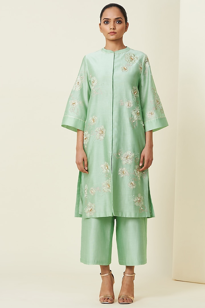 Mint Green Hand Embroidered Sherwani Set by VIAM