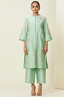 Mint Green Hand Embroidered Sherwani Set by VIAM-VIAM