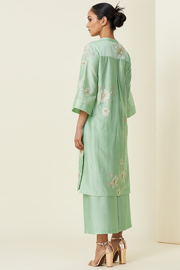 Mint Green Hand Embroidered Sherwani Set by VIAM at Pernia's Pop Up Shop