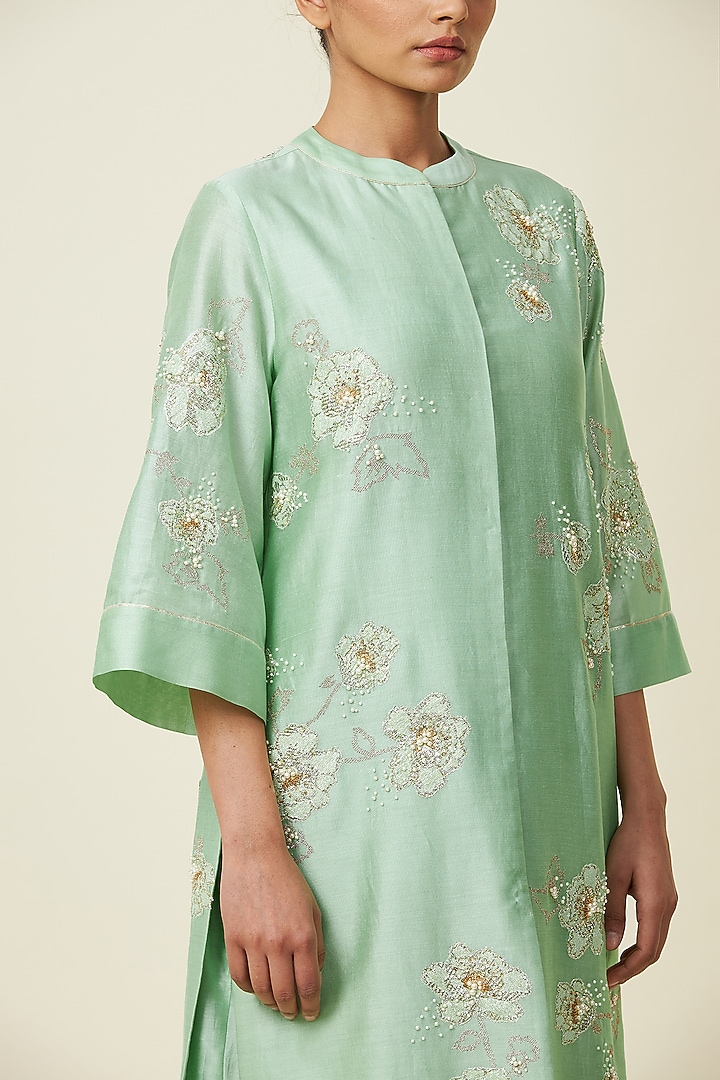 Mint Green Hand Embroidered Sherwani Set by VIAM at Pernia's Pop Up Shop