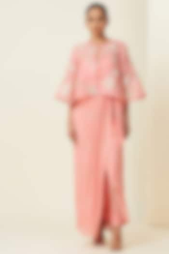 Sunset Pink Tulle Draped Kurta Set With Cape by VIAM at Pernia's Pop Up Shop