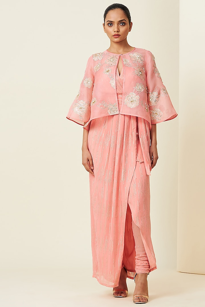 Sunset Pink Tulle Draped Kurta Set With Cape by VIAM at Pernia's Pop Up Shop