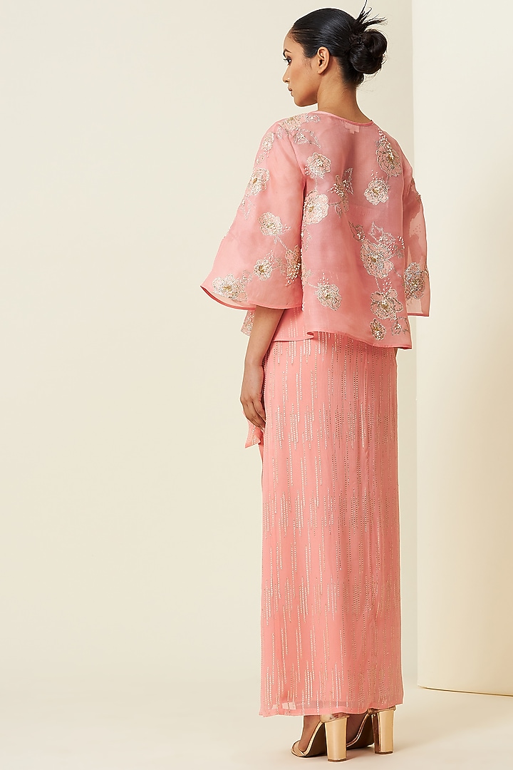 Sunset Pink Tulle Draped Kurta Set With Cape by VIAM at Pernia's Pop Up Shop
