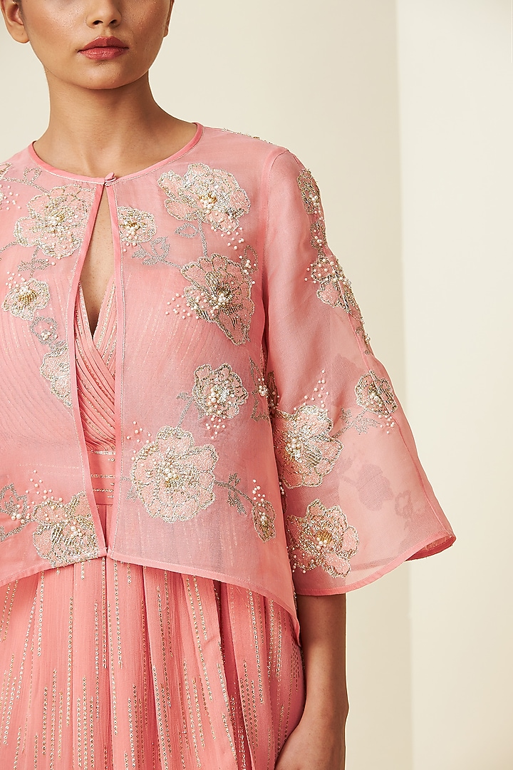 Sunset Pink Tulle Draped Kurta Set With Cape by VIAM at Pernia's Pop Up Shop