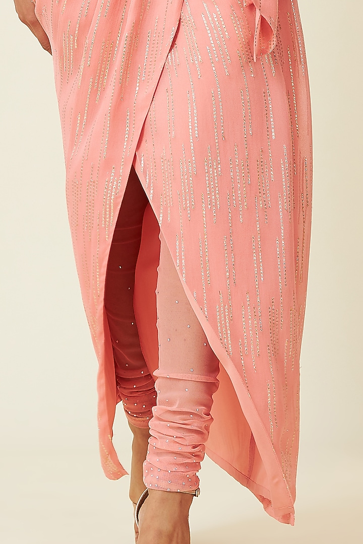Sunset Pink Tulle Draped Kurta Set With Cape by VIAM at Pernia's Pop Up Shop