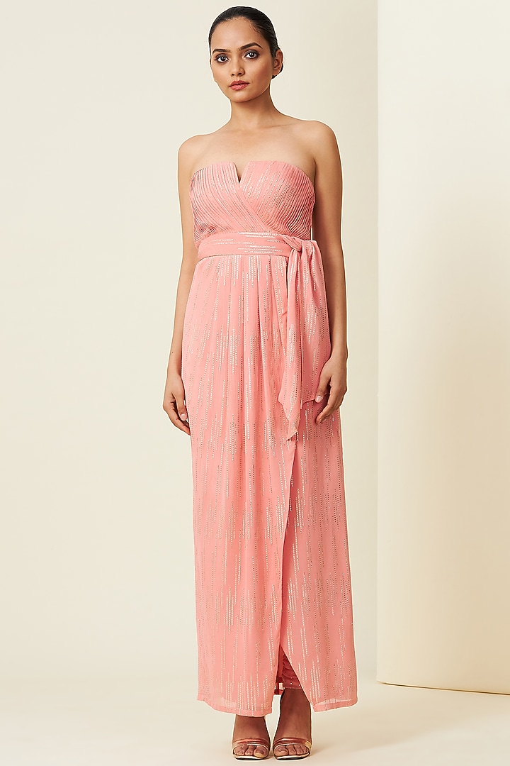Sunset Pink Tulle Draped Kurta Set With Cape by VIAM at Pernia's Pop Up Shop