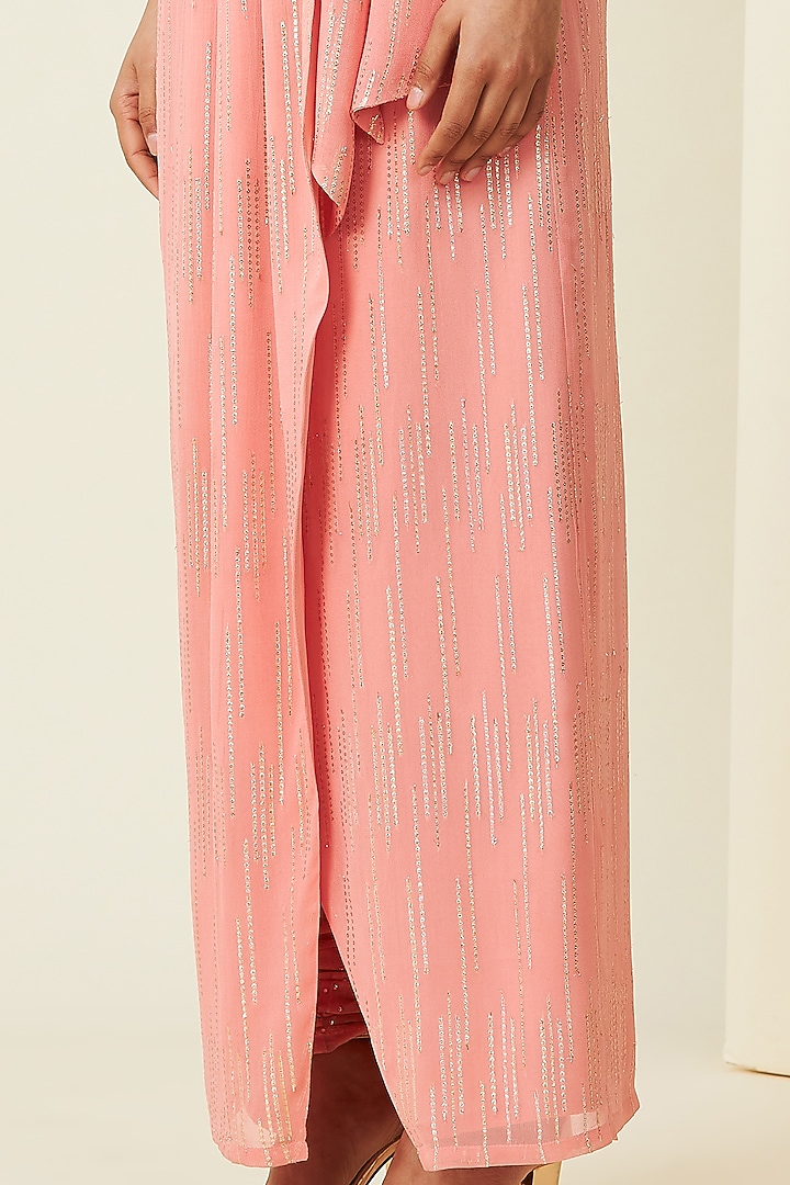 Sunset Pink Tulle Draped Kurta Set With Cape by VIAM at Pernia's Pop Up Shop