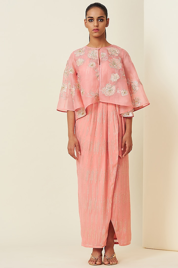 Sunset Pink Silk Organza Draped Kurta With Cape by VIAM at Pernia's Pop Up Shop